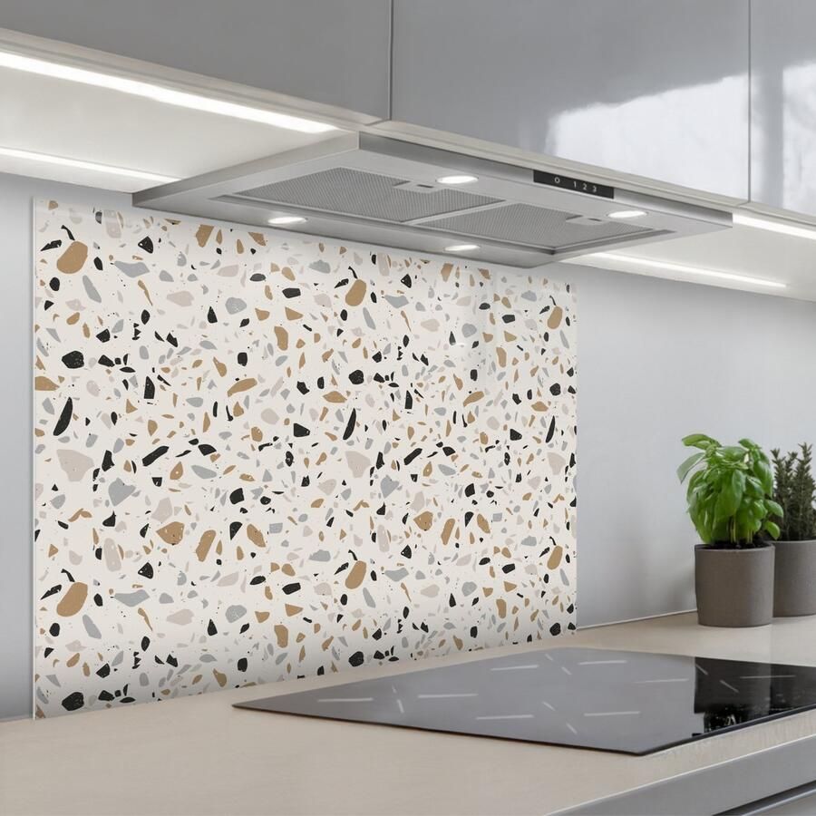 KitchenYeah Spatscherm 90x60 cm Zelfklevende achterwand Terrazzo Patroon Staal Keuken muurbeschermer Spatwand fornuis