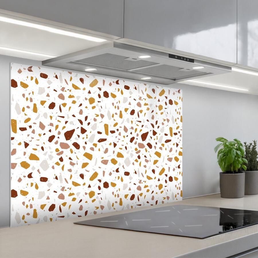KitchenYeah Spatscherm 80x55 cm Zelfklevende achterwand Terrazzo Patroon Wit Urban Keuken muurbeschermer Spatwand fornuis