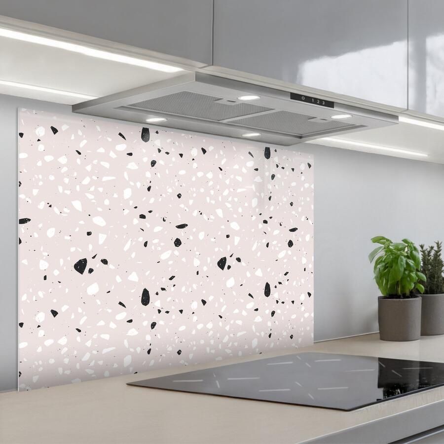 KitchenYeah Spatscherm 80x55 cm Zelfklevende achterwand Terrazzo Patroon Zacht Zwart Wit Keuken muurbeschermer Spatwand fornuis