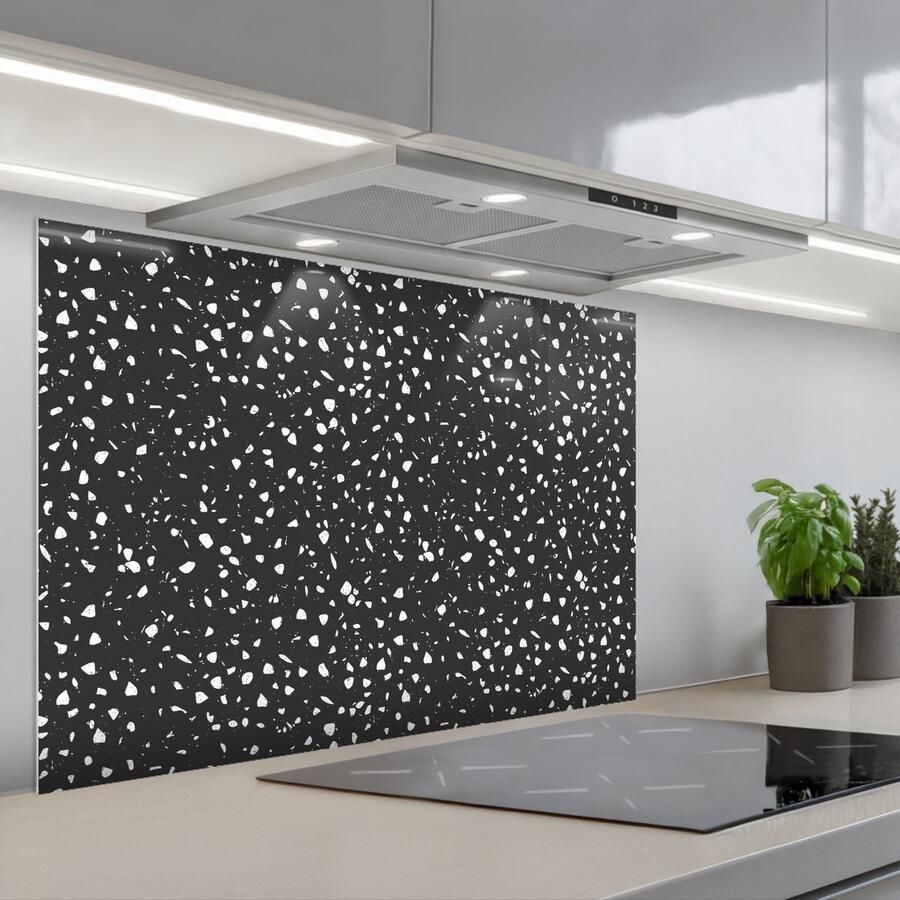 KitchenYeah Spatscherm 80x55 cm Zelfklevende achterwand Terrazzo Patroon Zwart Wit Keuken muurbeschermer Spatwand fornuis