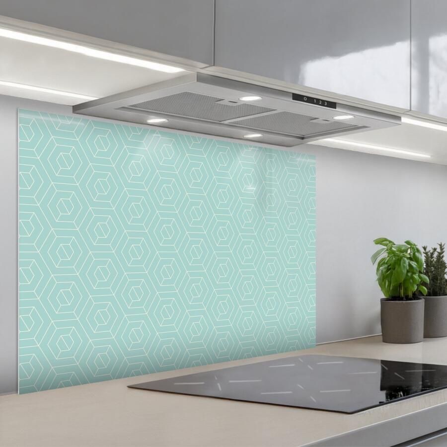 KitchenYeah Spatscherm 90x60 cm Zelfklevende achterwand Turquoise Patroon Lijnen Keuken muurbeschermer Spatwand fornuis