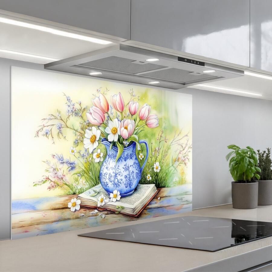 KitchenYeah Spatscherm 80x55 cm Zelfklevende achterwand Vaas Delftsblauw Madeliefjes Keuken muurbeschermer Spatwand fornuis