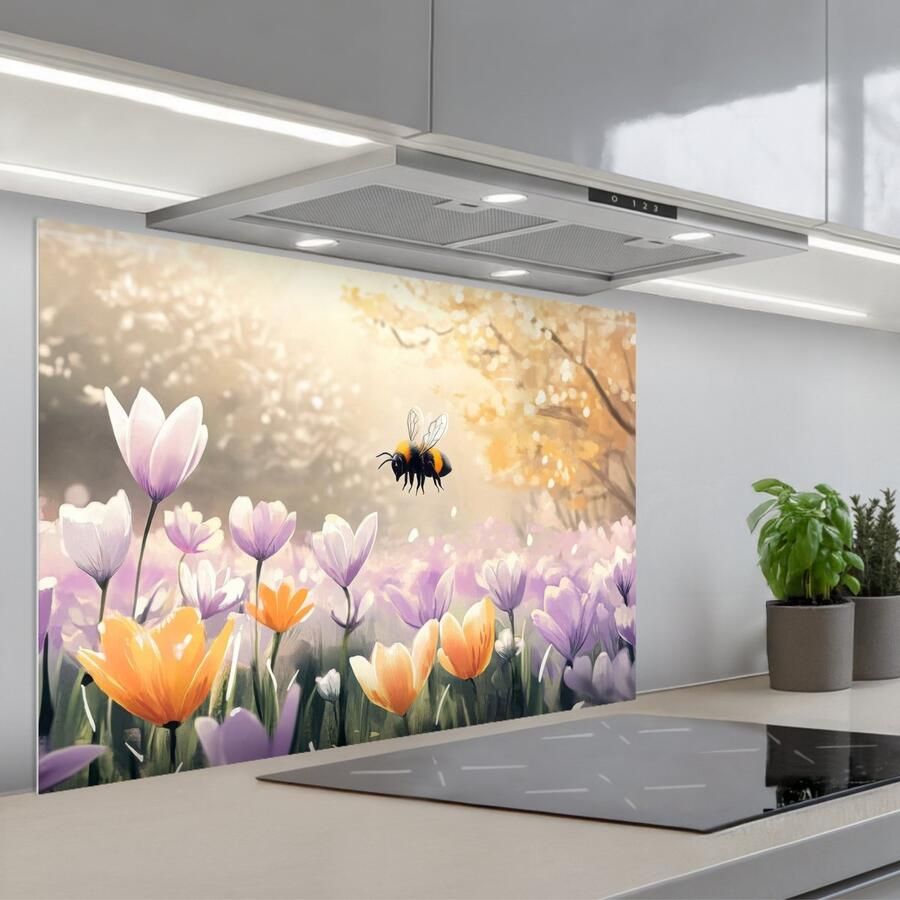 KitchenYeah Spatscherm 80x55 cm Zelfklevende achterwand Viooltjes bij Zonlicht Keuken muurbeschermer Spatwand fornuis