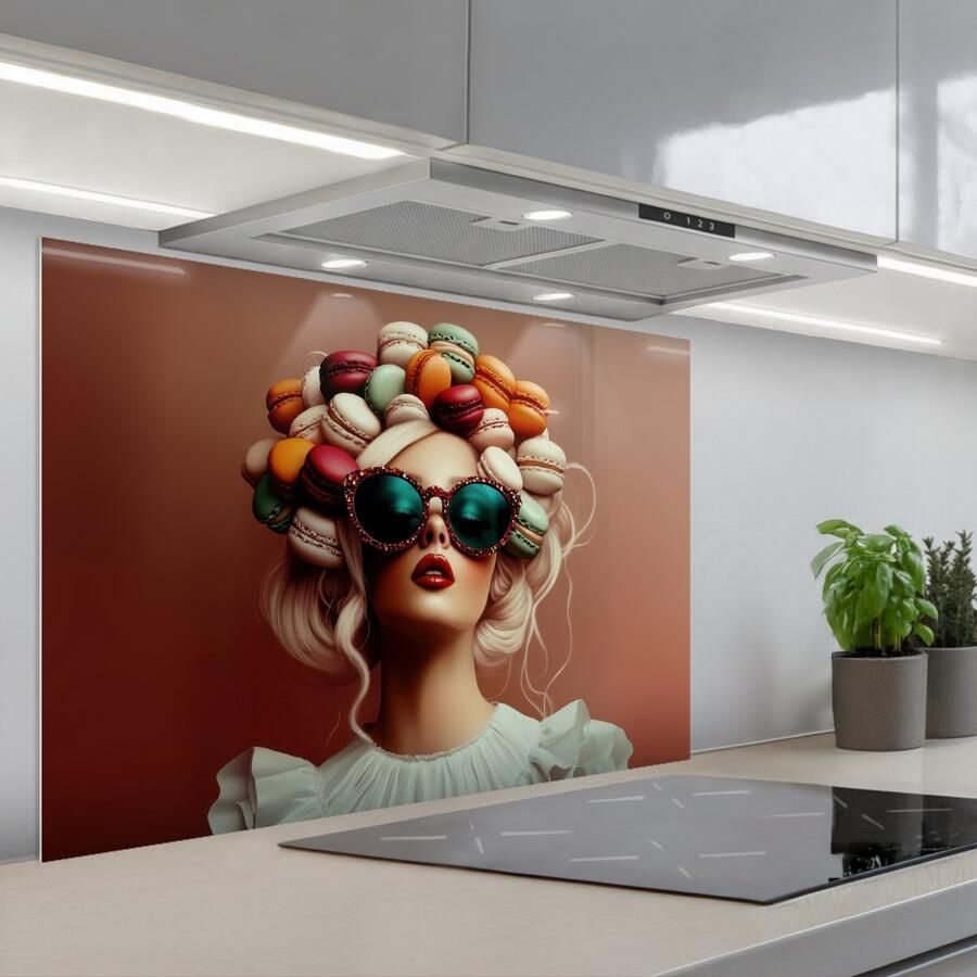 KitchenYeah Spatscherm 80x55 cm Zelfklevende achterwand Vrouw Macarons Bril Keuken muurbeschermer Spatwand fornuis
