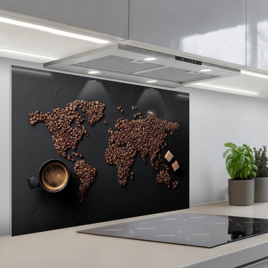 KitchenYeah Spatscherm 80x55 cm Zelfklevende achterwand Wereldkaart Espresso Zwart Keuken muurbeschermer Spatwand fornuis