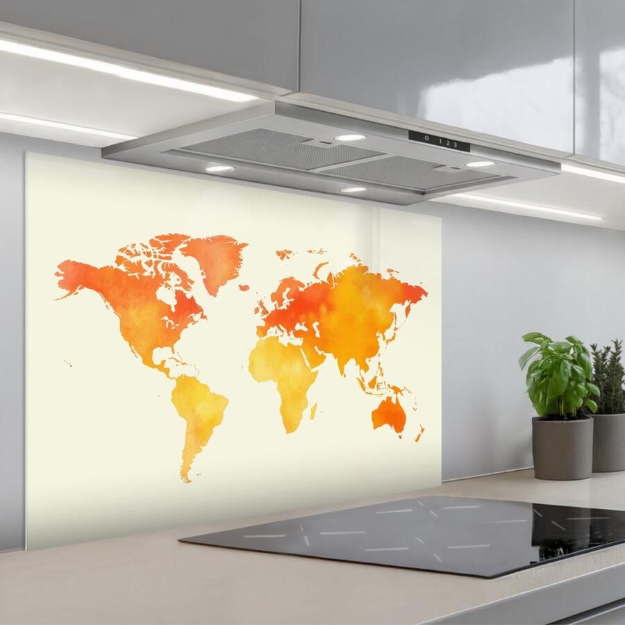 KitchenYeah Spatscherm 90x60 cm Zelfklevende achterwand Wereldkaart Oranje Kleurrijk Keuken muurbeschermer Spatwand fornuis - Foto 1