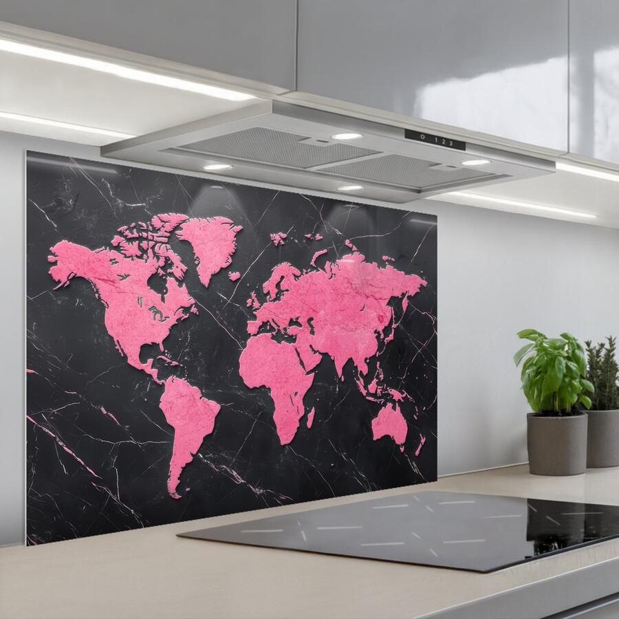 KitchenYeah Spatscherm 90x60 cm Zelfklevende achterwand Wereldkaart Roze Marmer print Keuken muurbeschermer Spatwand fornuis