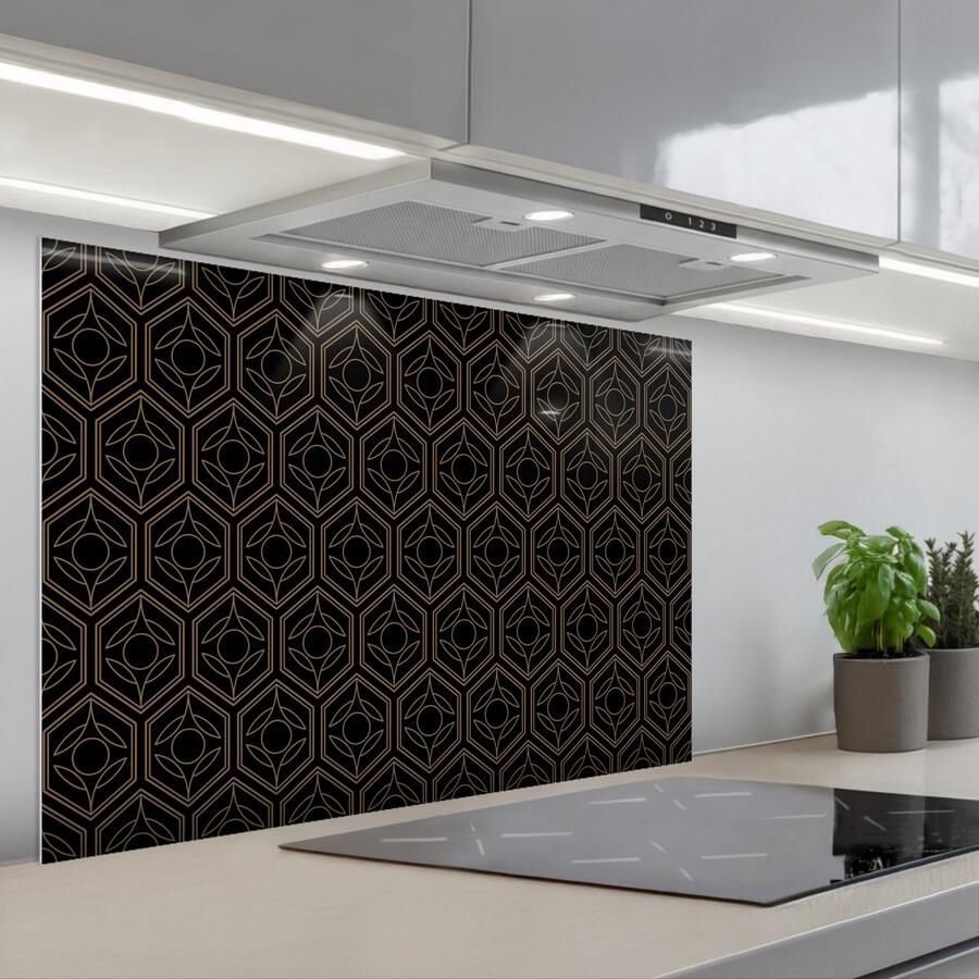 KitchenYeah Spatscherm 80x55 cm Zelfklevende achterwand Zwart Goud Bloemenkern Keuken muurbeschermer Spatwand fornuis