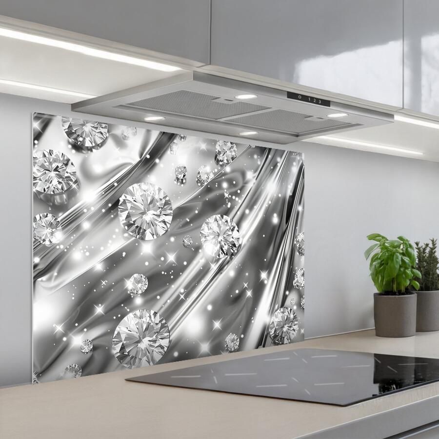 KitchenYeah Spatscherm 80x60 cm Zelfklevende achterwand Abstract Diamant Luxe Modern Zilver Keuken muurbeschermer Spatwand fornuis