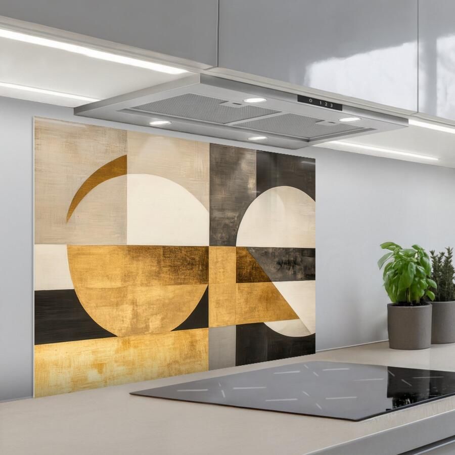 KitchenYeah Spatscherm 90x70 cm Zelfklevende achterwand Abstract Goud Grijs Vormen Geometrisch Keuken muurbeschermer Spatwand fornuis