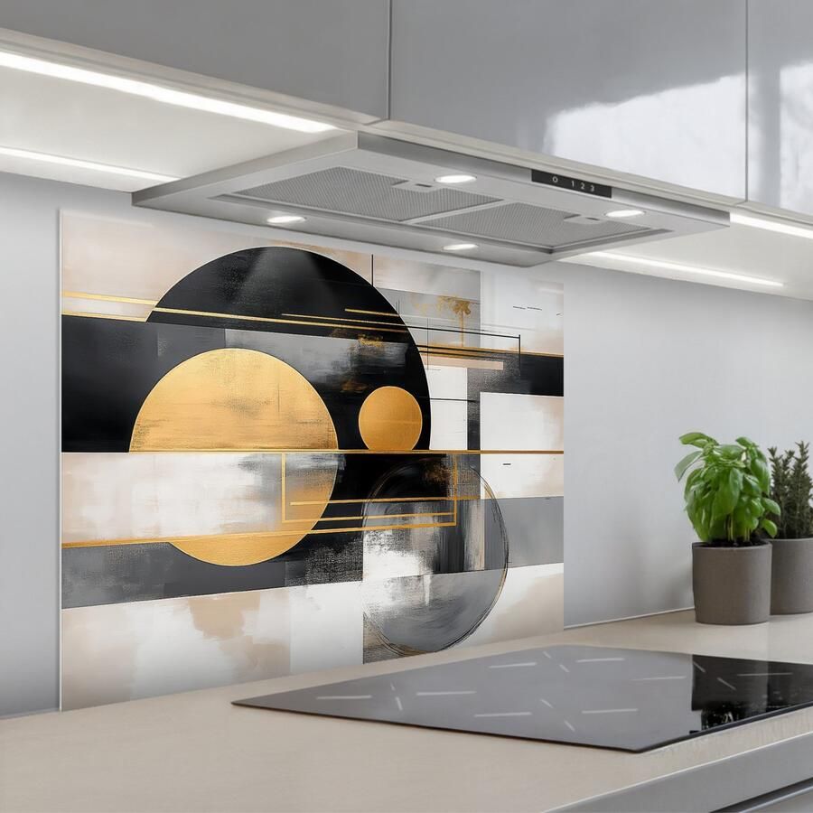 KitchenYeah Spatscherm 90x70 cm Zelfklevende achterwand Abstract Goud Zilver Vormen Aesthetic Modern Keuken muurbeschermer Spatwand fornuis