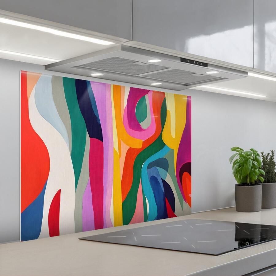 KitchenYeah Spatscherm 80x60 cm Zelfklevende achterwand Abstract Kleurrijk Golven Lijnen Keuken muurbeschermer Spatwand fornuis