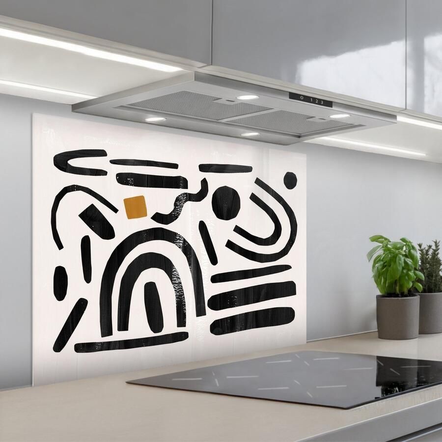 KitchenYeah Spatscherm 80x60 cm Zelfklevende achterwand Abstract Kunst Vormen Zwart Keuken muurbeschermer Spatwand fornuis