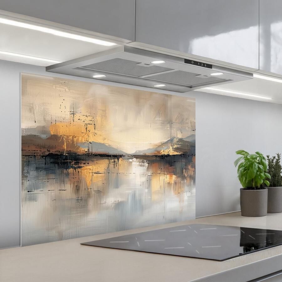 KitchenYeah Spatscherm 80x60 cm Zelfklevende achterwand Abstract Modern Beige Aesthetic Goud Keuken muurbeschermer Spatwand fornuis