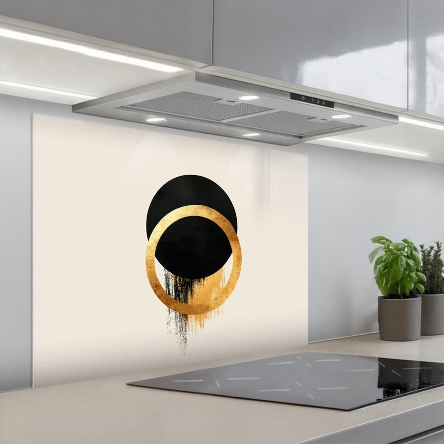 KitchenYeah Spatscherm 80x60 cm Zelfklevende achterwand Abstract ontwerp Zwarte cirkel Verfvlekken Keuken muurbeschermer Spatwand fornuis