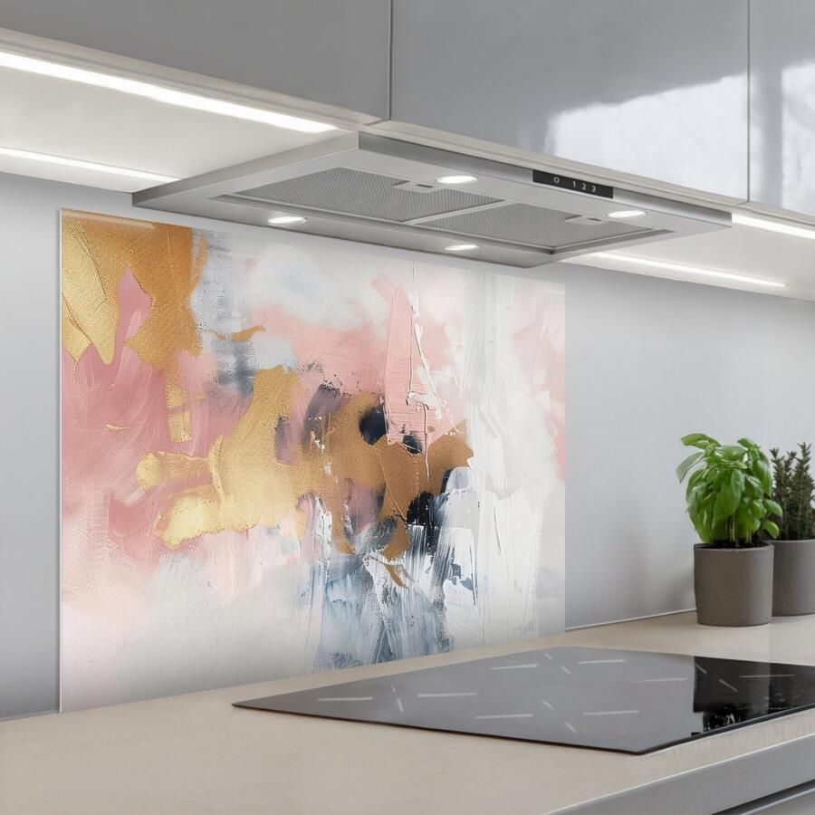 KitchenYeah Spatscherm 80x60 cm Zelfklevende achterwand Abstract Pastel kleuren Goud Modern Aesthetic Keuken muurbeschermer Spatwand fornuis
