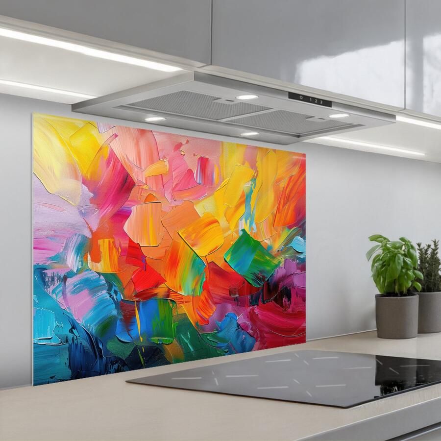 KitchenYeah Spatscherm 80x60 cm Zelfklevende achterwand Abstract Verflook Modern Kleurrijk Keuken muurbeschermer Spatwand fornuis