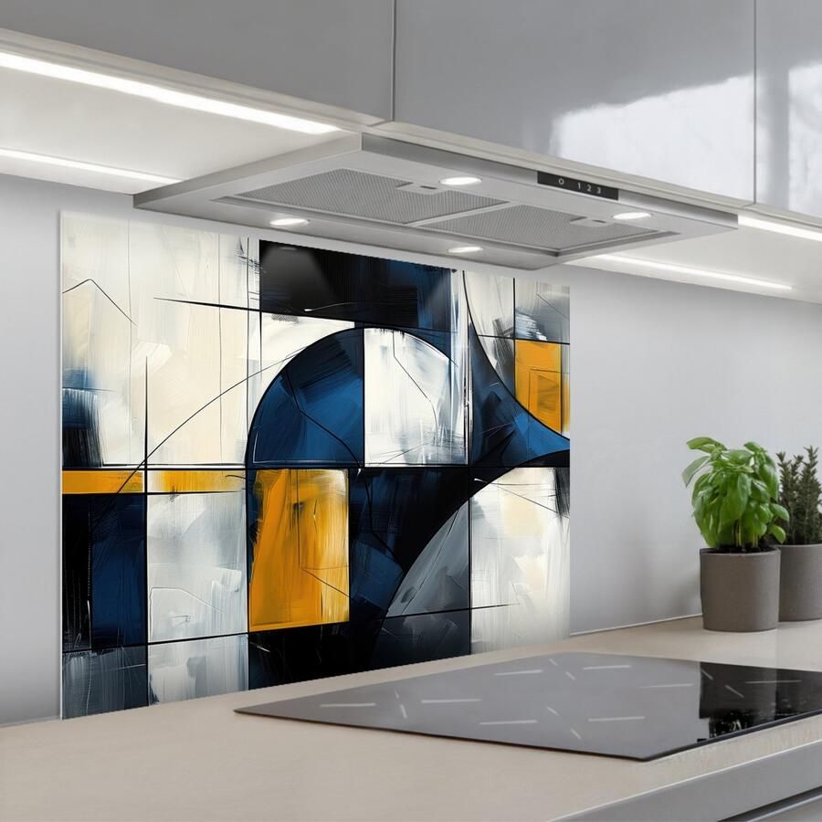 KitchenYeah Spatscherm 80x60 cm Zelfklevende achterwand Abstract Vormen Goud Blauw Geometrisch Keuken muurbeschermer Spatwand fornuis