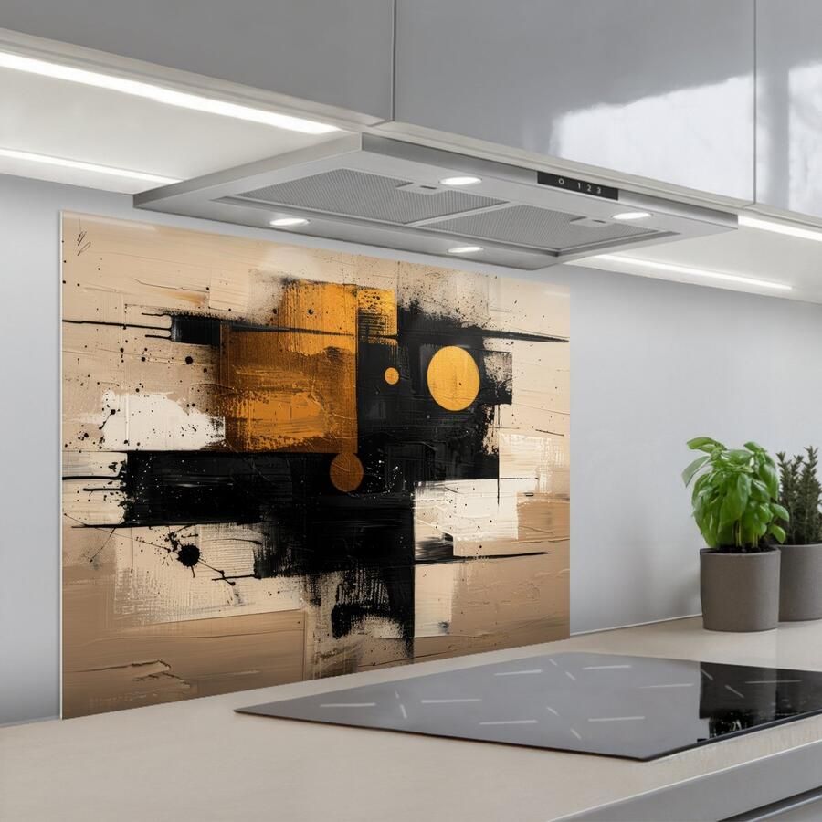 KitchenYeah Spatscherm 80x60 cm Zelfklevende achterwand Abstract Zwart Goud Modern Keuken muurbeschermer Spatwand fornuis