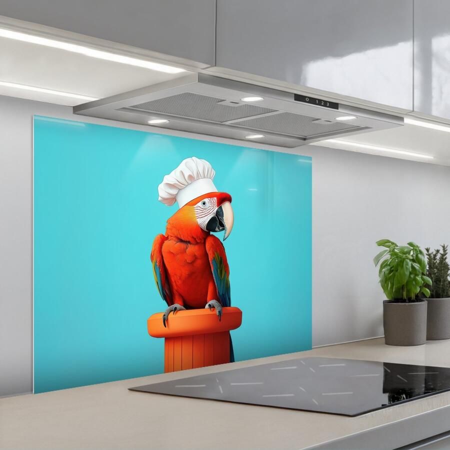 KitchenYeah Spatscherm 80x60 cm Zelfklevende achterwand Ara Koksmuts Sokkel Grappig Keuken muurbeschermer Spatwand fornuis