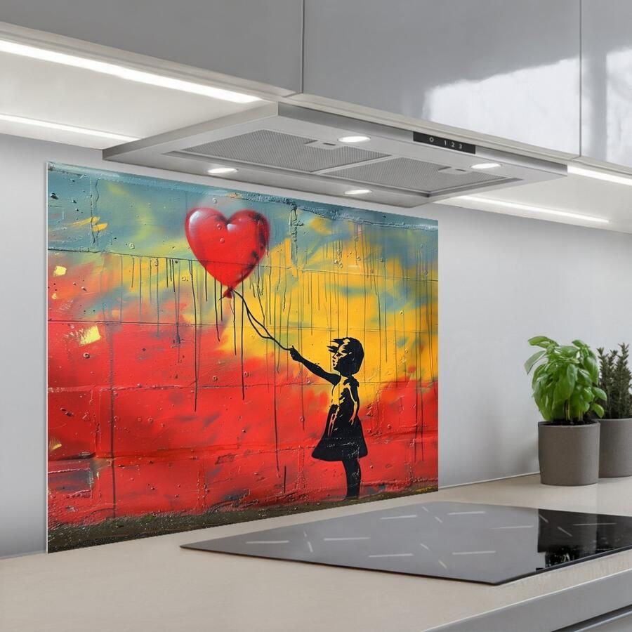 KitchenYeah Spatscherm 80x60 cm Zelfklevende achterwand Banksy Style Kleurrijk Graffiti Meisje Street art Keuken muurbeschermer Spatwand fornuis