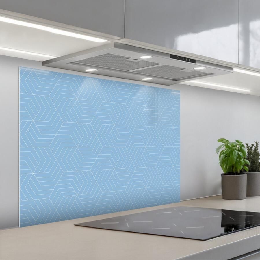 KitchenYeah Spatscherm 80x60 cm Zelfklevende achterwand Blauw Wit Lijnen Patroon Keuken muurbeschermer Spatwand fornuis