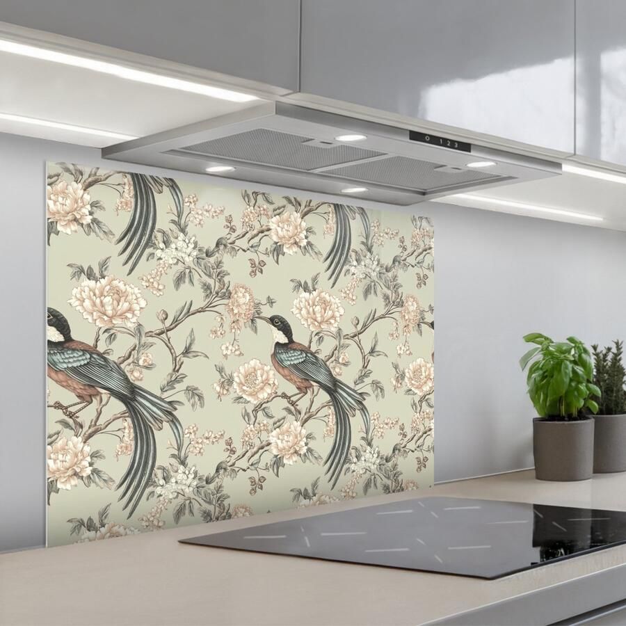 KitchenYeah Spatscherm 80x60 cm Zelfklevende achterwand Bloem Vogel Kleurrijk Keuken muurbeschermer Spatwand fornuis