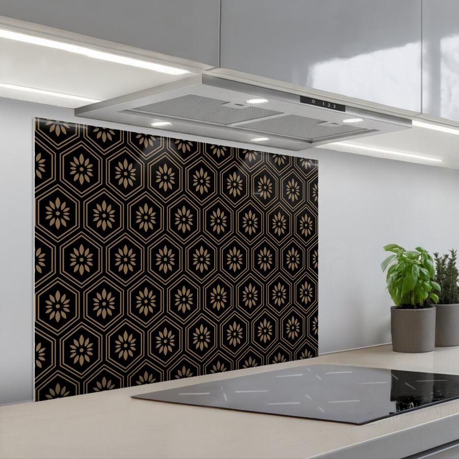 KitchenYeah Spatscherm 90x70 cm Zelfklevende achterwand Bloemen Goud Hexagon Keuken muurbeschermer Spatwand fornuis