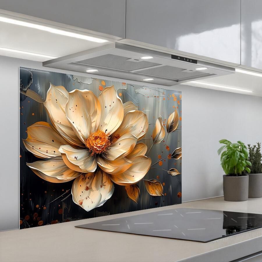 KitchenYeah Spatscherm 80x60 cm Zelfklevende achterwand Bloemen Goud Kunst Zwart Modern Keuken muurbeschermer Spatwand fornuis