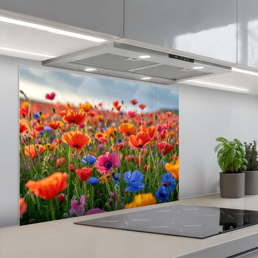 KitchenYeah Spatscherm 80x60 cm Zelfklevende achterwand Bloemen Klaprozen Kleurrijk Natuur Keuken muurbeschermer Spatwand fornuis