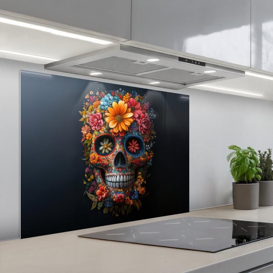 KitchenYeah Spatscherm 80x60 cm Zelfklevende achterwand Bloemen Kleurrijk Schedel Keuken muurbeschermer Spatwand fornuis