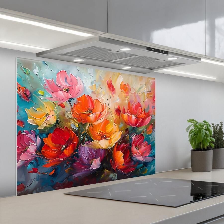 KitchenYeah Spatscherm 90x70 cm Zelfklevende achterwand Bloemen Kleurrijk Verf Abstract Kunst Keuken muurbeschermer Spatwand fornuis