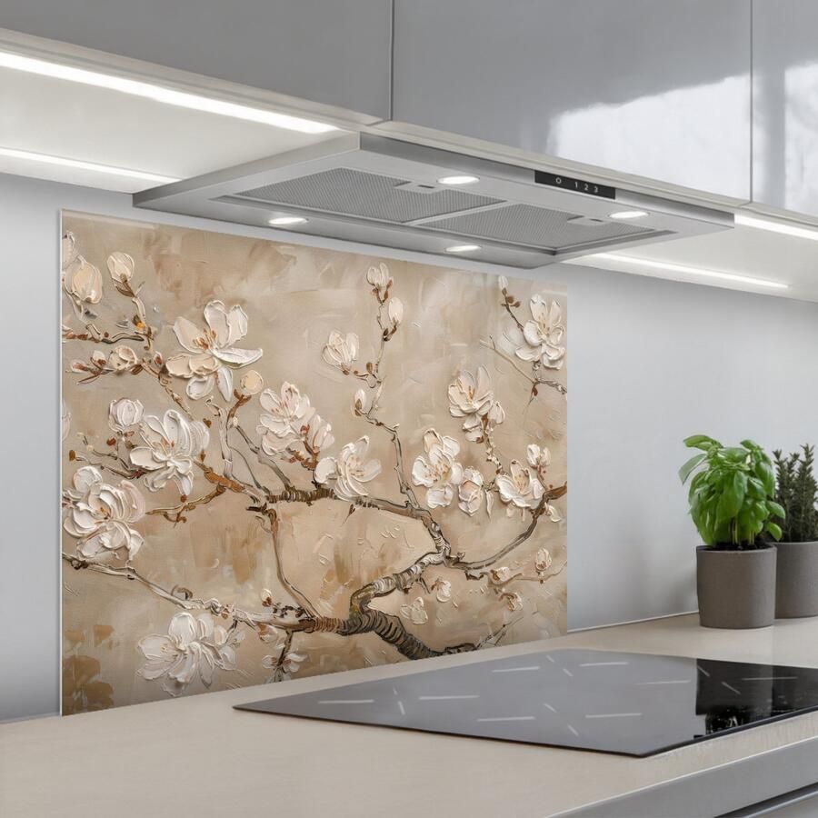 KitchenYeah Spatscherm 80x60 cm Zelfklevende achterwand Bloemen Modern Beige Wit Bloesem Keuken muurbeschermer Spatwand fornuis