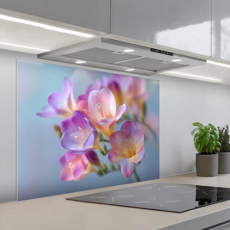 KitchenYeah Spatscherm 80x60 cm Zelfklevende achterwand Bloemen Paars Overloop Meeldraden Keuken muurbeschermer Spatwand fornuis