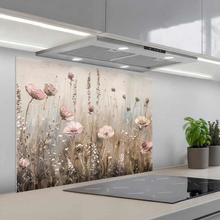 KitchenYeah Spatscherm 80x60 cm Zelfklevende achterwand Bloemen Roze Modern Beige Keuken muurbeschermer Spatwand fornuis