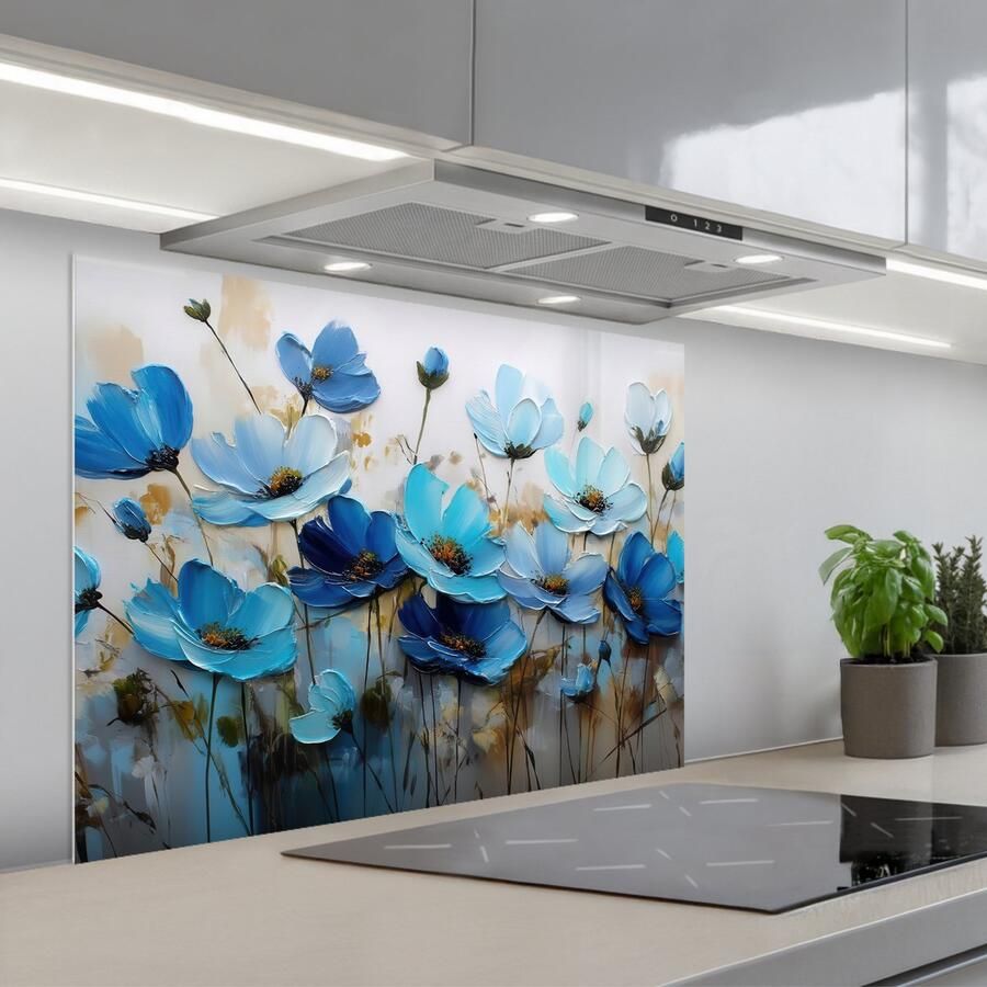 KitchenYeah Spatscherm 80x60 cm Zelfklevende achterwand Bloemen Schilderij Blauw Keuken muurbeschermer Spatwand fornuis