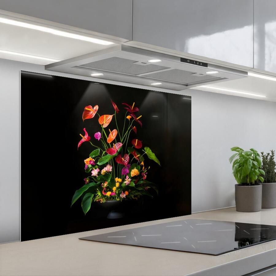 KitchenYeah Spatscherm 80x60 cm Zelfklevende achterwand Bloemen Vaas Kleurrijk Keuken muurbeschermer Spatwand fornuis