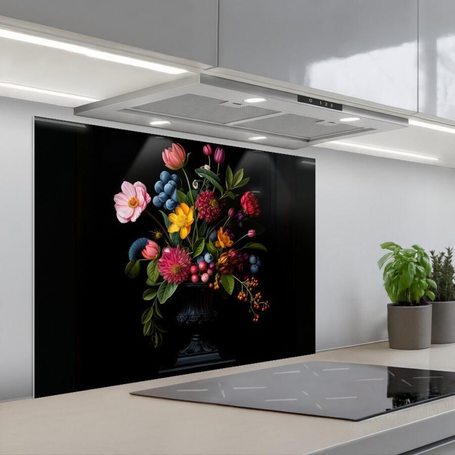 KitchenYeah Spatscherm 80x60 cm Zelfklevende achterwand Bloemen Vrolijk Vaas Keuken muurbeschermer Spatwand fornuis - Foto 1