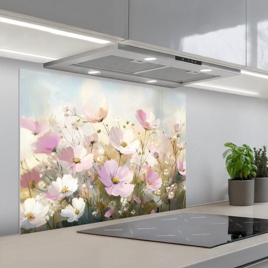 KitchenYeah Spatscherm 90x70 cm Zelfklevende achterwand Bloemenveld Lichte tinten Geschilderd Keuken muurbeschermer Spatwand fornuis