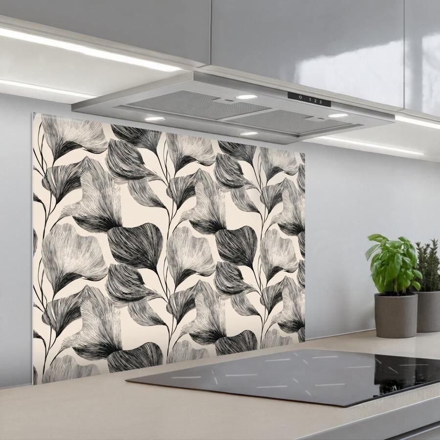 KitchenYeah Spatscherm 80x60 cm Zelfklevende achterwand Botanisch Bladeren Zwart Keuken muurbeschermer Spatwand fornuis