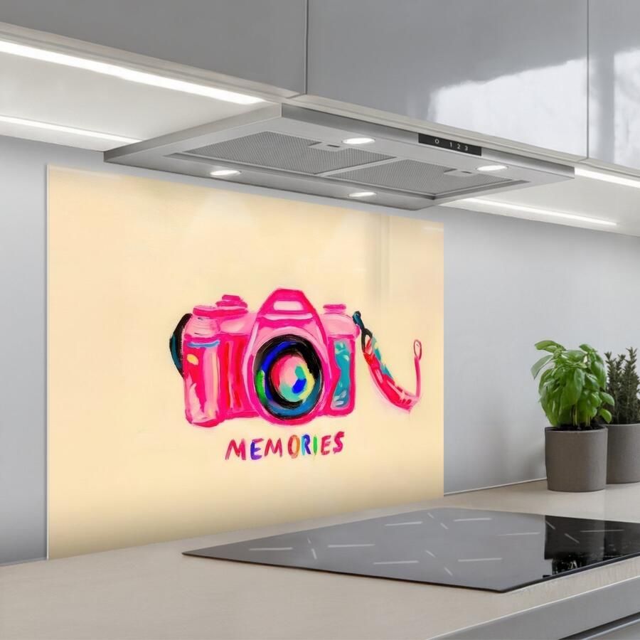 KitchenYeah Spatscherm 80x60 cm Zelfklevende achterwand Camera Memories Roze Geschilderd Keuken muurbeschermer Spatwand fornuis