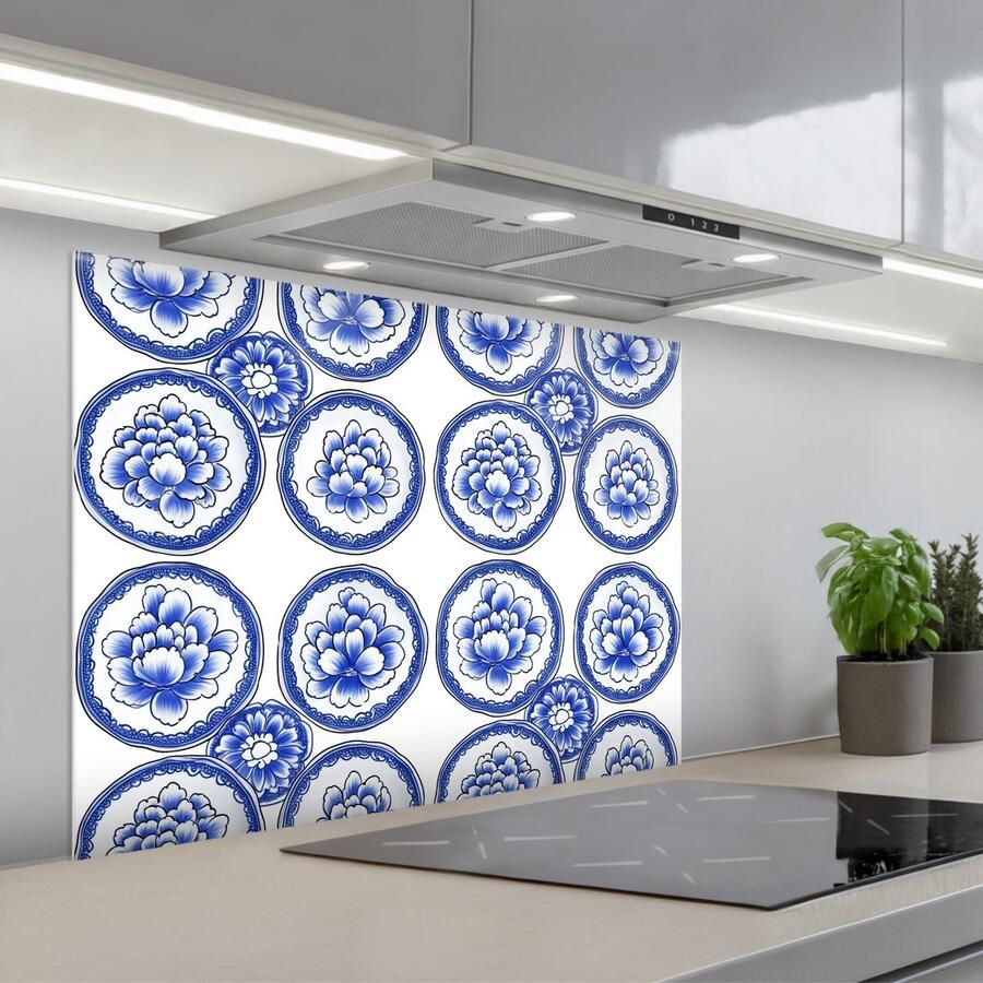 KitchenYeah Spatscherm 90x70 cm Zelfklevende achterwand Cirkels Bloemen Blauw Keuken muurbeschermer Spatwand fornuis