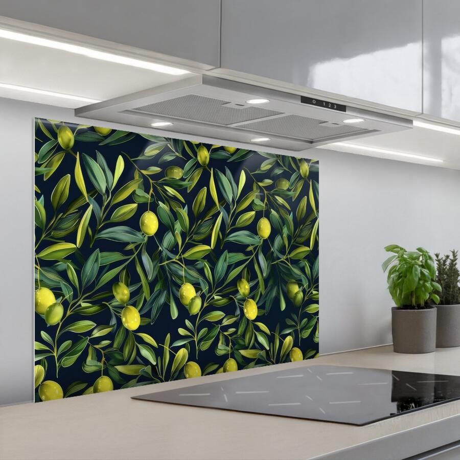 KitchenYeah Spatscherm 80x60 cm Zelfklevende achterwand Citroenen Bladeren Natuurlijk Keuken muurbeschermer Spatwand fornuis