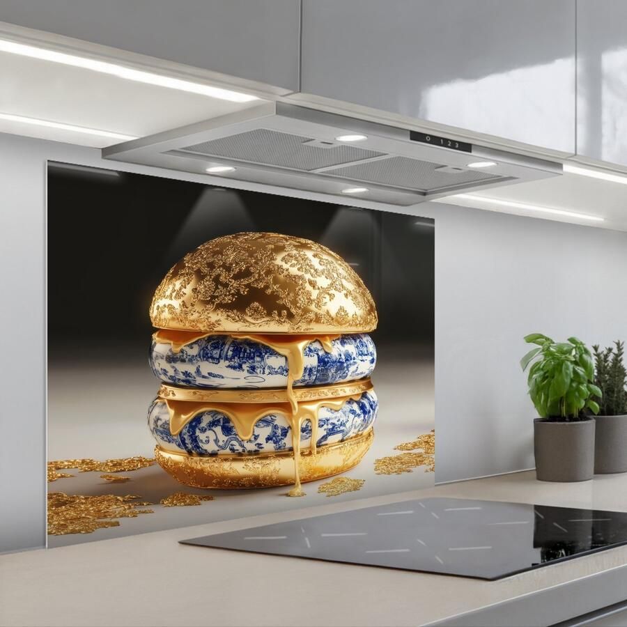 KitchenYeah Spatscherm 90x70 cm Zelfklevende achterwand Delftsblauw Goud Burger Keuken muurbeschermer Spatwand fornuis