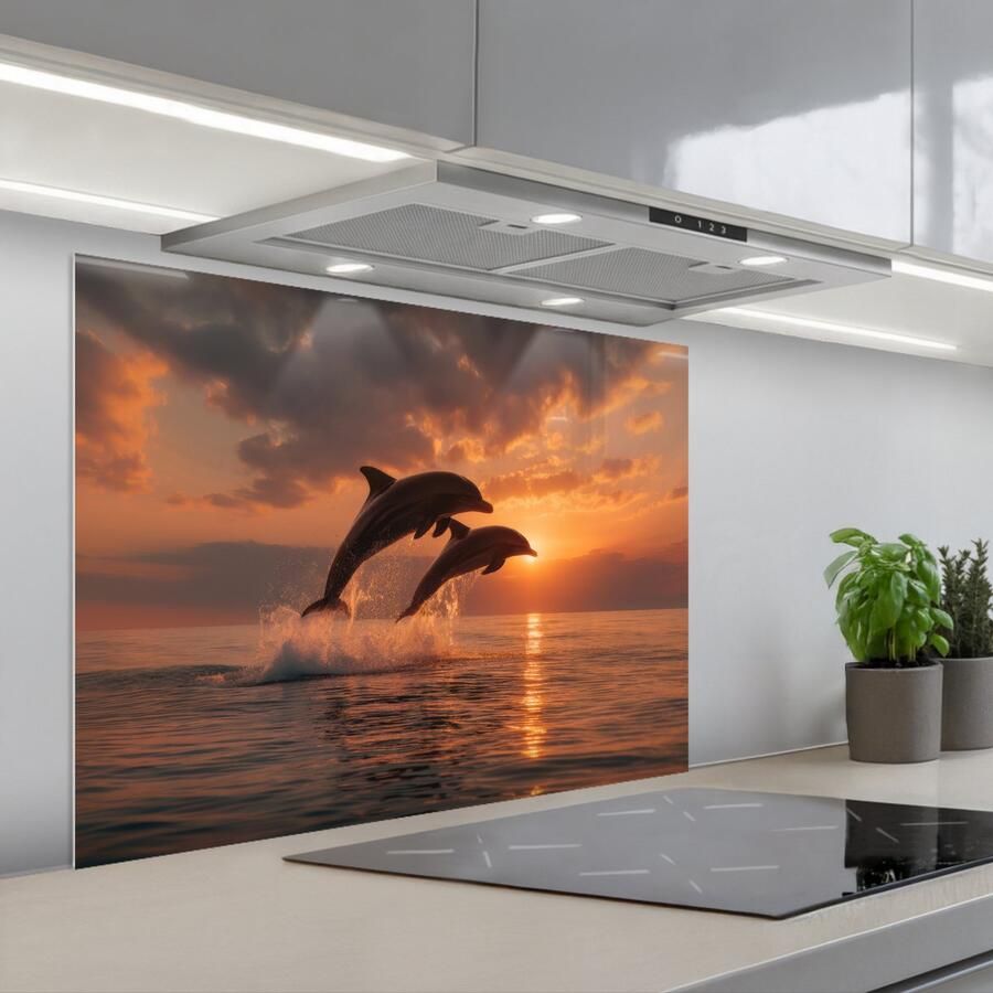 KitchenYeah Spatscherm 80x60 cm Zelfklevende achterwand Dolfijnen Zee Realistisch Keuken muurbeschermer Spatwand fornuis