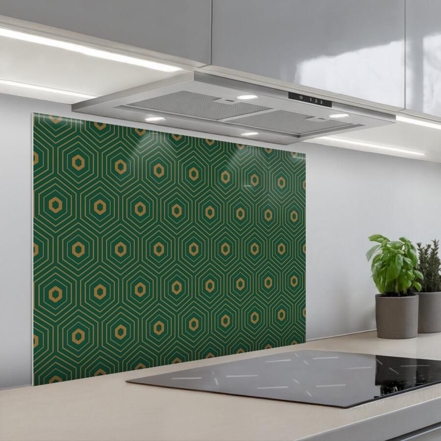 KitchenYeah Spatscherm 80x60 cm Zelfklevende achterwand Donkergroen Modern Patroon Goud Keuken muurbeschermer Spatwand fornuis