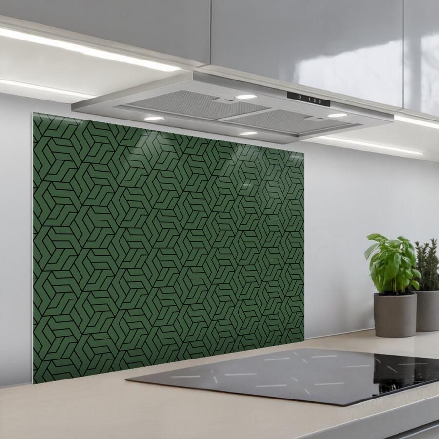 KitchenYeah Spatscherm 80x60 cm Zelfklevende achterwand Donkergroen Patroon Lijnen Zwart Keuken muurbeschermer Spatwand fornuis