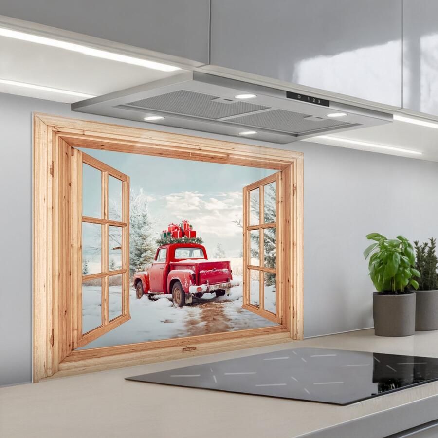KitchenYeah Spatscherm 80x60 cm Zelfklevende achterwand Doorkijk Auto Kerst Cadeaus Winter Landschap Keuken muurbeschermer Spatwand fornuis