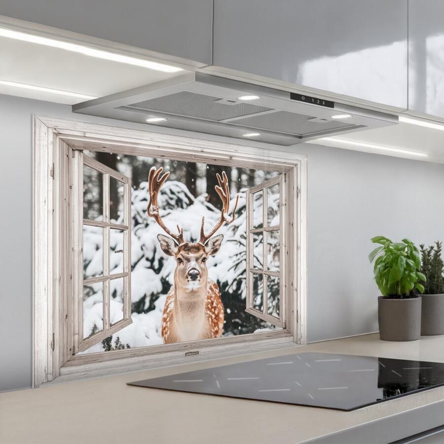 KitchenYeah Spatscherm 80x60 cm Zelfklevende achterwand Doorkijk Hert Sneeuw Winter Bos Dieren Natuur Keuken muurbeschermer Spatwand fornuis