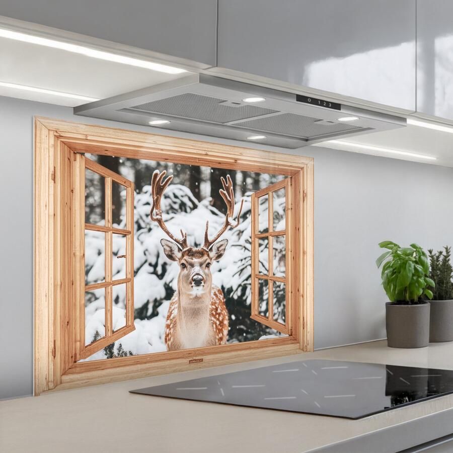 KitchenYeah Spatscherm 80x60 cm Zelfklevende achterwand Doorkijk Hert Sneeuw Winter Bos Dieren Keuken muurbeschermer Spatwand fornuis